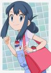  1girl bag bangs black_hair border buttons clenched_hand closed_mouth commentary_request eyelashes grey_eyes hainchu handbag highres hikari_(pokemon) long_hair looking_to_the_side outside_border overalls pokemon pokemon_(game) pokemon_bdsp poketch purple_shirt shirt short_sleeves sidelocks smile solo split_mouth suspenders upper_body watch watch white_border 