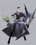  1boy 1girl full_body grey_eyes grey_hair hat high_collar highres holding holding_weapon long_hair monster_hunter nishihara_isao puffy_short_sleeves puffy_sleeves see-through shiny shiny_clothes short_sleeves weapon 