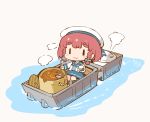  1girl :3 blue_neckwear blue_ribbon boat bob_cut braid chibi cooking curry etorofu_(kantai_collection) eyebrows_visible_through_hair food hanomido hat holding holding_spoon kantai_collection long_sleeves neckerchief plate redhead ribbon rice_cooker sailor_collar school_uniform serafuku side_braid simple_background sitting solo spoon steam thick_eyebrows twin_braids water watercraft white_background 