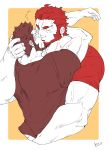  2boys arms_around_neck ass_grab bara beard blush brown_hair closed_eyes couple facial_hair fate/grand_order fate_(series) french_kiss hand_on_another&#039;s_head highres iskandar_(fate) k_ei3k kiss male_focus manly multiple_boys muscle napoleon_bonaparte_(fate/grand_order) partially_colored redhead saliva saliva_trail shirt t-shirt upper_body veins yaoi 