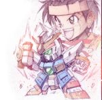  1boy black_hair character_request chibi clenched_hand green_eyes gundam headband highres mecha open_hand open_mouth plamo_wars sou_yuto tatsurounakanishi traditional_media 