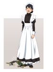  1girl ahoge apron black_hair black_sleeves broken closed_eyes commentary crying dress frilled_dress frills highres long_sleeves maid maid_apron maid_dress maid_headdress open_mouth original shoes short_hair skateboard sneakers solo standing suzushiro_(suzushiro333) teardrop 