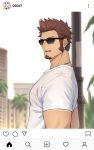  1boy 47 beard biceps blue_eyes brown_hair chest facial_hair fate/grand_order fate_(series) fou_(fate/grand_order) glasses highres looking_at_viewer male_focus muscle napoleon_bonaparte_(fate/grand_order) open_mouth pole shirt short_sleeves sideburns simple_background solo upper_body white_shirt 