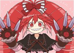  1girl antenna_hair black_bow blush_stickers bow capelet claws doll_joints drill_hair frills grin hair_bow hands_up highres joints long_hair looking_at_viewer micha_jawkan oninamako pink_background pink_shirt red_bow red_eyes redhead ringed_eyes senki_zesshou_symphogear sharp_teeth shirt simple_background smile solo striped striped_bow teeth twin_drills upper_body wrist_cuffs 