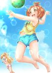  2girls :d arm_up ball bangs bare_legs barefoot beachball bikini bikini_under_clothes blonde_hair blue_shorts blue_sky blush bottle bow breasts brown_hair club_(shape) commentary_request day diamond_(shape) eyebrows_visible_through_hair fang green_eyes hair_bow heart highres holding holding_bottle idolmaster idolmaster_cinderella_girls jougasaki_rika jumping long_hair midair multiple_girls navel open_clothes open_fly open_mouth open_shorts outdoors pink_bikini plaid plaid_bikini purple_bow ramune regular_mow round_teeth ryuuzaki_kaoru shirt short_shorts shorts sky small_breasts smile spade_(shape) standing striped striped_shirt sunlight swimsuit teeth two_side_up upper_teeth very_long_hair white_shorts yellow_eyes 