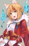  1girl animal_ears blonde_hair brown_hair fingerless_gloves fire_emblem fire_emblem_fates fox_ears fox_tail fuussu_(21-kazin) gloves grey_background hair_ornament japanese_clothes long_sleeves multicolored_hair open_mouth selkie_(fire_emblem) short_hair simple_background solo streaked_hair tail upper_body white_gloves 