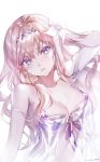  1girl bare_shoulders bikini blonde_hair breasts collarbone eyebrows_visible_through_hair eyes_visible_through_hair flower granblue_fantasy hair_between_eyes hair_flower hair_ornament hairband highres jeanne_d&#039;arc_(granblue_fantasy) large_breasts long_hair michudx signature solo swimsuit violet_eyes white_flower 