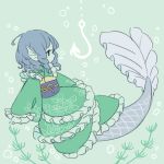  1girl blue_hair bubble commentary_request drill_hair fishing_hook frilled_kimono frilled_sleeves frills full_body green_background green_kimono head_fins japanese_clothes kimono long_sleeves medium_hair mermaid monster_girl plant print_kimono solo tamako_(egg24k) touhou underwater wakasagihime 