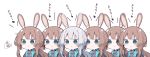  6+girls :&gt; alternate_hair_color amiya_(arknights) animal_ear_fluff animal_ears arknights ascot bangs beni_shake black_jacket blue_eyes blue_neckwear blush brown_hair closed_mouth commentary_request eyebrows_visible_through_hair flying_sweatdrops grey_hair jacket long_hair multiple_girls open_clothes open_jacket ponytail rabbit_ears sidelocks signature simple_background translation_request upper_body v-shaped_eyebrows white_background 