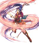  1girl armor bangs blue_eyes blue_hair boots fire_emblem fire_emblem:_new_mystery_of_the_emblem fire_emblem_heroes highres holding holding_weapon izuka_daisuke kris_(fire_emblem) long_hair official_art open_mouth polearm ponytail shiny shiny_hair solo spear sword tied_hair weapon 