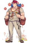  1boy aizen_(tokyo_houkago_summoners) alternate_costume backpack bag bara black_hair blush chest facial_mark forehead_mark full_body hat kijimahyogo looking_at_viewer male_focus official_art open_mouth pants pectorals red_eyes solo tokyo_houkago_summoners 