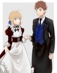  1boy 1girl ahoge alternate_costume apron artoria_pendragon_(all) bangs black_apron black_jacket black_neckwear blonde_hair blue_ribbon blue_vest brown_eyes brown_hair bustier closed_mouth couple emiya_shirou enmaided eye_contact eyebrows_visible_through_hair fate/stay_night fate_(series) green_eyes grey_background hair_ribbon holding_hands jacket long_skirt long_sleeves looking_at_another maid necktie open_clothes open_jacket ribbon saber short_hair skirt suzuakks two-tone_background vest waist_apron white_apron white_background 