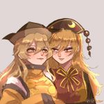  2girls artist_name artist_request blonde_hair chinese_clothes constellation_print crescent grey_background highres junko_(touhou) lipstick long_hair long_sleeves looking_at_another makeup matara_okina multiple_girls tabard touhou wide_sleeves yellow_eyes 