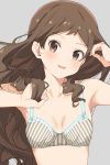  1girl armpits arms_up bangs blush bra breasts breasts_apart brown_eyes brown_hair collarbone commentary_request face grey_background highres hiroki_(yyqw7151) idolmaster idolmaster_million_live! kitazawa_shiho long_hair looking_at_viewer medium_breasts midriff open_mouth parted_bangs simple_background smile solo underwear wavy_hair 