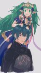  1boy 1girl adz_lrp armor blue_eyes blue_hair braid byleth_(fire_emblem) byleth_eisner_(male) closed_mouth fire_emblem fire_emblem:_three_houses green_eyes green_hair grey_background hands_on_another&#039;s_head highres long_hair pointy_ears ribbon_braid short_hair simple_background smile sothis_(fire_emblem) tiara twin_braids 