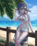  1girl absurdres alternate_costume bare_arms bare_legs baseball_cap beach bikini bikini_top bird_tail bird_wings black_hair blonde_hair blurry blurry_background breasts buttons casual closed_mouth contemporary dappled_sunlight day expressionless eyebrows_visible_through_hair eyes_visible_through_hair fence graphite_(medium) grey_eyes hair_between_eyes hand_on_headwear hand_up hat head_wings highres kemono_friends looking_at_viewer medium_breasts medium_hair midriff multicolored_hair navel ocean outdoors outstretched_arm peregrine_falcon_(kemono_friends) see-through shade shirt short_shorts short_sleeves shorts sitting skindentation solo stomach strap_gap summer sunlight sweat swimsuit tail tied_shirt towohuya traditional_media water wet wet_clothes wet_shirt white_hair white_shirt wings wooden_fence 