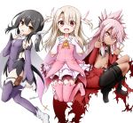  3girls ascot black_footwear black_hair blonde_hair boots bow cape chloe_von_einzbern dark_skin detached_sleeves fate/kaleid_liner_prisma_illya fate_(series) feathers gloves hair_bow hair_feathers hair_ornament highres holster illyasviel_von_einzbern kuena leotard long_hair looking_at_viewer magical_girl miyu_edelfelt multiple_girls open_mouth pink_footwear pink_hair purple_legwear purple_leotard purple_sleeves red_eyes simple_background smile stomach_tattoo tattoo thigh-highs thigh_boots thigh_holster white_background white_footwear white_gloves x_hair_ornament yellow_eyes 