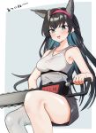  1girl :d animal_ears arknights bangs bare_arms bare_shoulders black_hair black_skirt blaze_(arknights) blue_eyes blue_hair blush breasts cat_ears chainsaw collarbone commentary_request eyebrows_visible_through_hair feet_out_of_frame grey_legwear hairband highres holding holding_weapon long_hair looking_at_viewer medium_breasts miniskirt multicolored_hair open_mouth partial_commentary poyano red_hairband sitting skirt smile solo tank_top translation_request very_long_hair weapon white_tank_top 