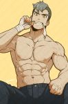  1boy abs absurdres artofkuroshinki bandages bara chest grey_hair highres looking_at_viewer male_focus muscle navel nipples pants pectorals simple_background sitting smile solo upper_body veins vladimir_elliot_kirilenko wan_sheng_jie yellow_eyes 