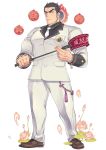 1boy aizen_(tokyo_houkago_summoners) armband bara black_hair chest facial_mark flower forehead_mark full_body kijimahyogo looking_at_viewer male_focus necktie official_art open_mouth pants red_eyes shoes solo tokyo_houkago_summoners 