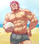  1boy abs alternate_costume annteeart ball bara beard bulge chest day eyewear_on_head facial_hair fate/grand_order fate/zero fate_(series) hand_on_hip iskandar_(fate) looking_at_viewer male_focus male_swimwear manly muscle nipples outdoors pectorals red_eyes redhead scar smile solo sparkle summer swimwear upper_body volleyball 