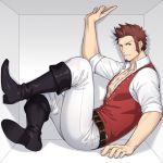  1boy 47 beard blue_eyes boots brown_hair chest commentary_request facial_hair fate/grand_order fate_(series) looking_at_viewer male_focus napoleon_bonaparte_(fate/grand_order) open_clothes open_shirt pectorals scar simple_background sitting solo sweatdrop teeth thighs trapped uniform 