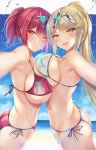  2girls alternate_hairstyle ass bangs beach bikini blonde_hair blue_sky blush breast_press breasts earrings halterneck mythra_(xenoblade) hinot pyra_(xenoblade) jewelry large_breasts multiple_girls navel ocean one_eye_closed outdoors ponytail red_bikini red_eyes redhead side-tie_bikini sideboob sky string_bikini swept_bangs swimsuit tiara wet white_bikini xenoblade_(series) xenoblade_2 yellow_eyes 