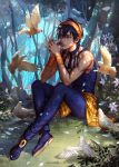  1boy bird black_hair bob_cut cdash817 chest choker forest full_body hair_ornament headband highres jojo_no_kimyou_na_bouken male_focus narancia_ghirga nature pants revealing_clothes shoes sitting solo toned toned_male violet_eyes wristband 