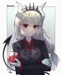  1girl bangs blunt_bangs border breasts crossed_arms cup demon_horns demon_tail drinking_glass eyebrows_visible_through_hair helltaker highres horns large_breasts leyu long_hair looking_at_viewer lucifer_(helltaker) mole mole_under_eye necktie outside_border red_eyes red_shirt shirt simple_background smile tail twitter_username white_border white_hair white_horns wine_glass 