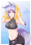 1girl animal_ears arknights bangs bare_arms bare_shoulders black_shirt blue_background braid breasts brown_eyes commentary crop_top eyebrows_visible_through_hair hands_up large_tail long_hair looking_at_viewer medium_breasts midriff navel parted_lips provence_(arknights) purple_hair shirt sleeveless sleeveless_shirt solo stomach tail tetsuhige towel towel_on_head turtleneck upper_body wolf_ears wolf_tail 