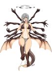  1girl :d bikini breasts brown_bikini claws commentary_request covered_navel extra_arms fewer_digits flying grey_eyes grey_hair halo head_tilt highres hitokuirou large_breasts long_hair looking_at_viewer low_wings monster_girl navel open_mouth original outstretched_arms pelvic_curtain sharp_teeth signature simple_background smile solo spread_arms spread_wings swimsuit tabard tail teeth white_background wings 