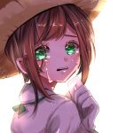  1girl beni_ttt blush brown_hair character_request commentary_request emma_woods from_side gloves green_eyes hat highres identity_v looking_at_viewer parted_lips shirt short_hair sidelocks simple_background solo sun_hat tears upper_teeth white_background white_gloves white_shirt 