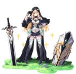  &gt;:( 1girl absurdres armor armored_boots blonde_hair boots collarbone commentary_request cross cross_necklace faulds garter_straps gauntlets grass hand_on_hip highres jewelry kiwoseo_meogneundas korean_commentary long_hair necklace nun original planted_sword planted_weapon shield solo sword thigh-highs veil weapon white_background yellow_eyes 