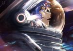  1girl bangs blue_eyes blue_hair close-up commentary highres looking_to_the_side nemoto_yuuma open_mouth original reflection science_fiction short_hair solo space spacesuit star_(sky) 