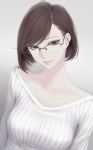  1girl brown_eyes brown_hair erise glasses grey_background highres lips looking_at_viewer original parted_lips ribbed_shirt shirt short_hair simple_background solo upper_body white_shirt 