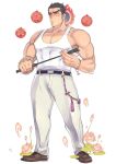  1boy aizen_(tokyo_houkago_summoners) alternate_costume bara black_hair blush bracelet chest facial_mark forehead_mark full_body jewelry kijimahyogo looking_at_viewer male_focus official_art open_mouth pants red_eyes shoes solo sweatdrop tank_top tokyo_houkago_summoners 