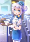  1girl :d airplane_interior bangs blue_eyes blue_hair blue_skirt blurry blurry_background cup double-breasted double_bun eyebrows_visible_through_hair flight_attendant flower gloves gochuumon_wa_usagi_desu_ka? hair_ornament hat holding holding_tray kafuu_chino looking_at_viewer mozukun43 open_mouth ribbon shirt sidelocks skirt smile solo_focus standing tray twitter_username white_gloves white_legwear white_shirt x_hair_ornament 