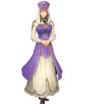  1girl bangs breasts closed_mouth dress eremiya eyebrows_visible_through_hair fingernails fire_emblem fire_emblem:_mystery_of_the_emblem fire_emblem_heroes full_body hands_together hat highres homare_(fool&#039;s_art) lips looking_at_viewer medium_breasts official_art purple_hair smile solo standing transparent_background violet_eyes 