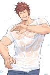  1boy 47 alternate_hairstyle beard blue_eyes brown_hair chest denim facial_hair fate/grand_order fate_(series) jeans looking_at_viewer male_focus muscle one_eye_closed open_mouth pants pectorals scar see-through smile solo upper_body wet wet_clothes wet_hair 