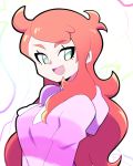  1girl :d ahoge artsy-rc green_eyes hair_down highres hood hood_down looking_at_viewer open_mouth pink_hoodie pokemon pokemon_(game) pokemon_swsh redhead signature slit_pupils smile solo sonia_(pokemon) upper_body 