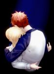  1boy 1girl ahoge artoria_pendragon_(all) black_background blonde_hair blue_background blue_ribbon blue_sleeves braid braided_bun couple emiya_shirou fate/stay_night fate_(series) hair_ribbon highres hug long_sleeves orange_hair ribbon saber shirt short_hair suzuakks two-tone_background upper_body white_shirt 