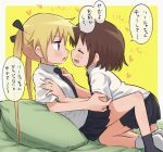  2girls blonde_hair blue_eyes blush brown_hair commentary hair_ribbon kill_me_baby long_hair meis_(terameisu) multiple_girls necktie open_mouth oribe_yasuna pillow ribbon school_uniform short_hair skirt smile sonya_(kill_me_baby) translated twintails yuri 