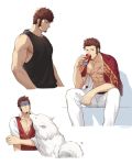  1boy 47 abs bare_shoulders beard blue_eyes brown_hair casual chest closed_eyes collage commentary_request cup dog drink facial_hair fate/grand_order fate_(series) from_side looking_at_viewer male_focus multiple_views muscle napoleon_bonaparte_(fate/grand_order) open_clothes open_mouth pants pectorals scar simple_background sitting sleeveless smile white_background 