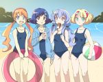  4girls artist_name ball bare_shoulders beach beyblade beyblade:_burst blonde_hair blue_eyes blue_hair breasts chankyone character_name chocolate cup floating floating_object formal green_eyes group_picture hairband happy holding ichika_kindo legs light long_hair multiple_girls nishiro_nya ocean open_eyes open_mouth orange_hair raika_(beyblade) redhead shasa_gooden short_hair short_twintails sky small_breasts suit swimsuit twintails violet_eyes water 