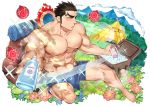  1boy abs aizen_(tokyo_houkago_summoners) alternate_costume bara barefoot black_hair blush chest cloth facial_mark forehead_mark full_body kijimahyogo male_focus navel nipples official_art open_mouth red_eyes revealing_clothes shirtless sitting solo sweat sweatdrop thick_eyebrows tokyo_houkago_summoners 