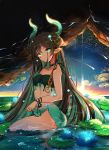  1girl bangs bare_arms bare_shoulders beni_ttt blue_flower breasts brown_hair commentary_request dress eyebrows_visible_through_hair flower green_dress green_eyes green_hair highres horns lily_pad long_hair looking_at_viewer medium_breasts ocean original pointy_ears sky sleeveless sleeveless_dress solo star_(sky) starry_sky strapless strapless_dress sunset very_long_hair wading 