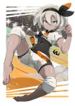  1girl bangs barefoot black_bodysuit black_hairband bodysuit bodysuit_under_clothes closed_mouth collared_shirt commentary covered_abs covered_navel dynamax_band feet full_body gloves grey_eyes grey_hair gym_leader hair_between_eyes hairband highres knee_pads nobu_baka poke_ball pokemon pokemon_(game) pokemon_swsh print_shirt print_shorts saitou_(pokemon) shiny shiny_skin shirt short_hair short_sleeves shorts single_glove solo spread_legs tied_shirt toes ultra_ball 