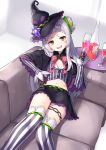  1girl bangs black_capelet black_gloves black_headwear black_skirt blunt_bangs blush capelet couch cowboy_shot cup drinking_glass gloves hair_bun hat holding holding_cup hololive indoors juice long_hair long_sleeves looking_at_viewer lowleg_skirt lying midriff murasaki_shion navel on_back open_mouth pensuke silver_hair skirt smile solo striped striped_legwear vertical-striped_legwear vertical_stripes virtual_youtuber wine_glass witch_hat yellow_eyes 