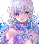 1girl bangs bare_shoulders beni_ttt blue_eyes blue_flower collarbone commentary_request crying dress earrings face flower flower_earrings heterochromia highres hydrangea jewelry long_hair looking_at_viewer original parted_lips purple_flower strapless strapless_dress tears violet_eyes water_drop white_background white_dress white_hair 