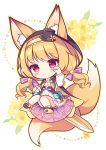  1girl :o animal_ear_fluff animal_ears bangs black_cape black_footwear black_headwear blonde_hair blush cape chibi commentary_request dress ears_through_headwear eyebrows_visible_through_hair floral_background flower flower_knight_girl fox_ears fox_girl fox_tail full_body hairband hat hood hood_up hooded_cape kitsune_no_botan_(flower_knight_girl) knees_together_feet_apart long_hair long_sleeves looking_at_viewer low_twintails mini_hat mini_top_hat object_namesake parted_lips paw_shoes red_eyes ryuuka_sane shoe_soles shoes solo tail tilted_headwear top_hat twintails white_dress yellow_cape yellow_flower yellow_hairband 